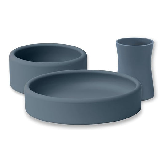 APLAINR Silicone Plate, Bowl & Cup Set for Babies and Toddlers, Weighted, Baby Feeding Set, Baby Led Weaning Supplies, Set of 3, Blue Hour