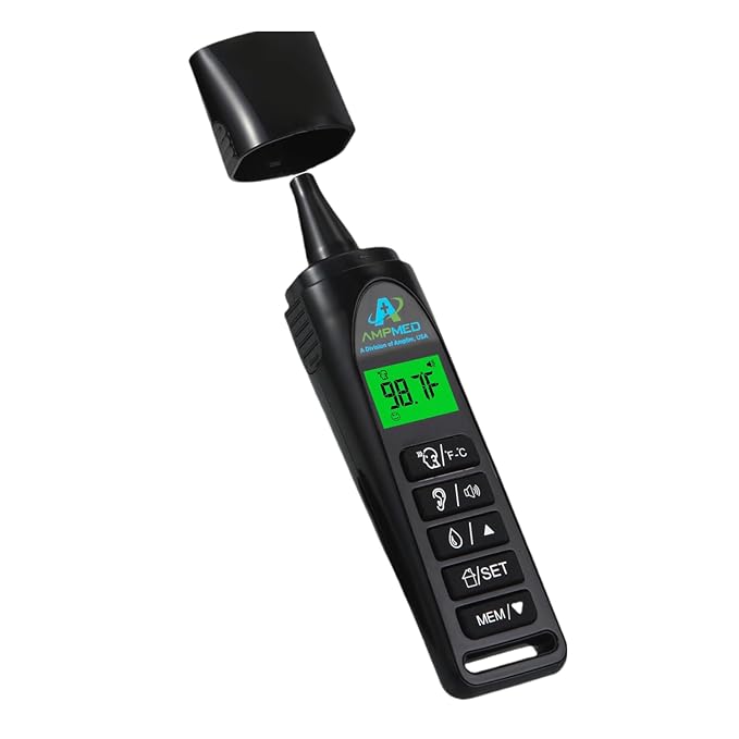 Amplim Baby Thermometer | 3-in-1 Infrared Thermometer for Ear, Forehead & Touchless, Accurate Fever Thermometer for Baby, Infants, Toddlers, Kids & Adults | Black Base Stand & Clock