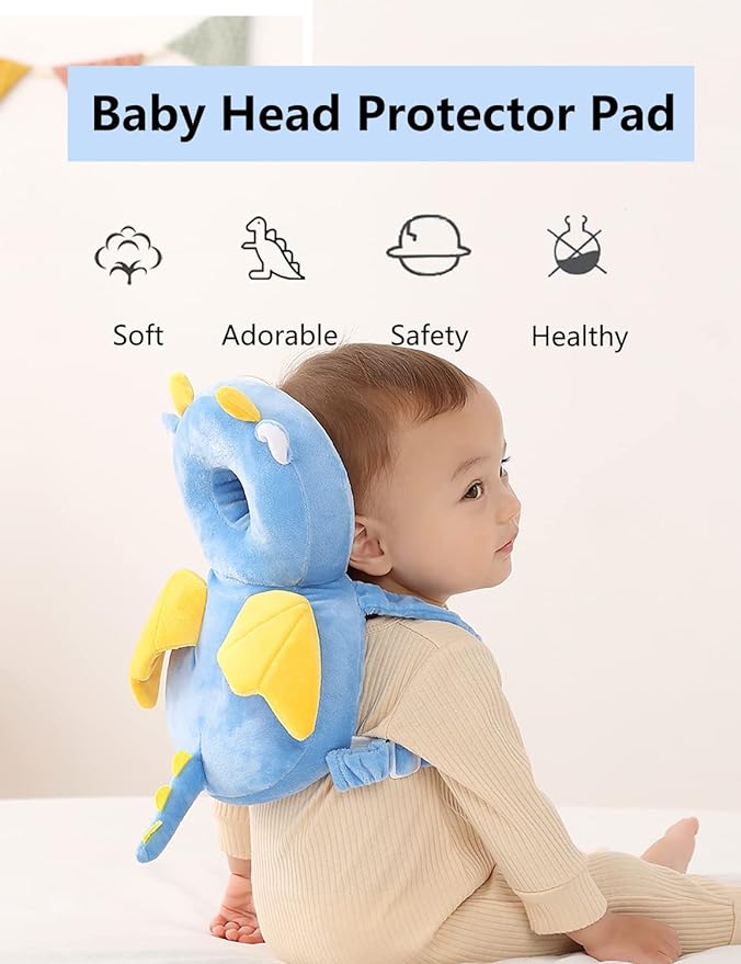 JunNeng Baby Head Protector Backpack, Toddler Walking Fall Head Protection, Blue Dinosaur