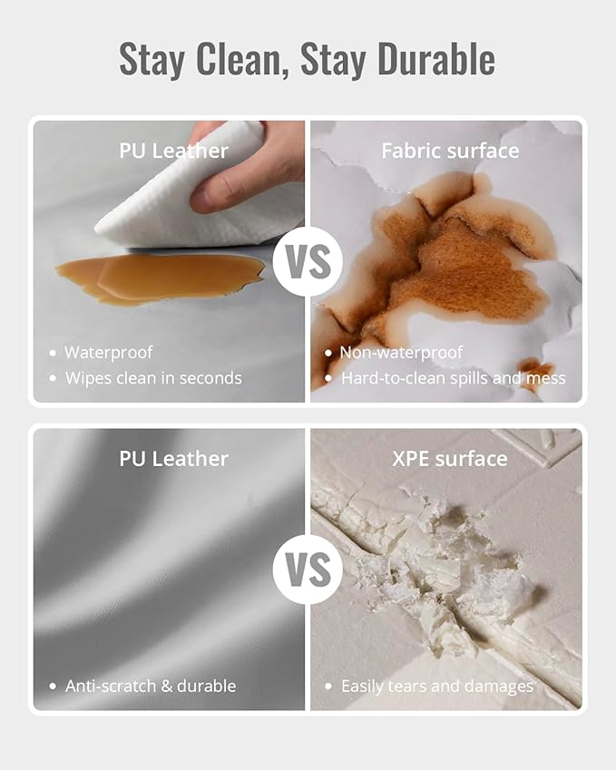 Blissful Diary Vegan Leather Baby Play Mat, 47x47 Thicken Foam Cushioned & Waterproof Playpen Mat for Infants and Toddlers, Stylish and Just Wipe-Clean Playmat for Baby Play on Floor, Light Gray