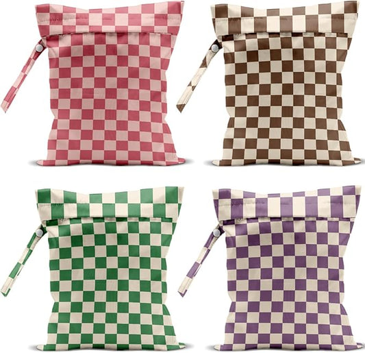 4 Pack Cute Wet Bag Waterproof Washable Reusable Wet Dry Bag for Swimsuit Dirty Clothes Cloth Diaper Beach Pool Yoga Gym Party Camping Toiletries Travel Beach Essentials Colorful Checkered