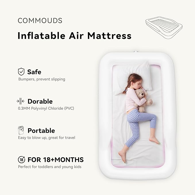 COMMOUDS Portable Toddler Travel Bed with Safety Bumpers, Inflatable Kids Air Mattress with Electric Pump, Baby Blow up Mattress, for Grandma's Home Camping Vacation