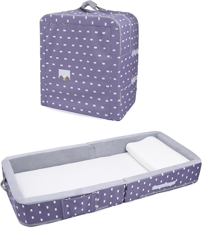 Mooedcoe Foldable Toddler Floor Bed with Sides, Folding Toddler Bed for Travel Kid Foam Sleeping Cot for Children 18M – 5yr Old (Rectangular, Crown)