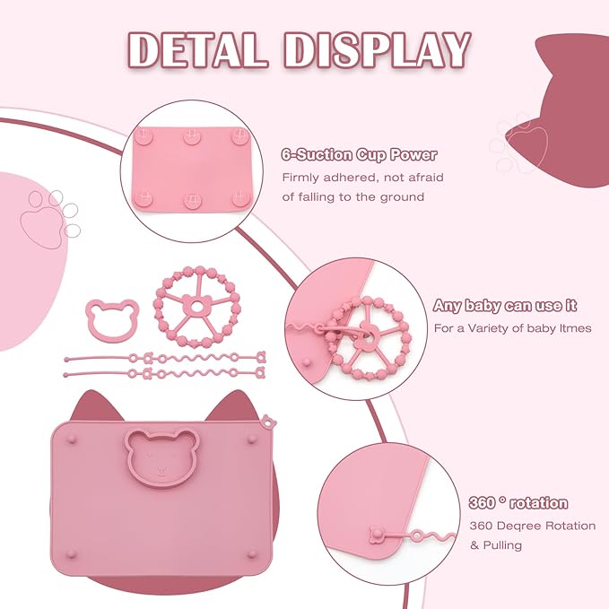 2 Pack Baby Silicone Mat with Suction Base and 4 Stretchable Straps, 6 Strong Suction Cups, Baby Placemats, Activity Mat for Infants to Toddlers, Keeps Babies Essentials Off The Floor Purple Pink