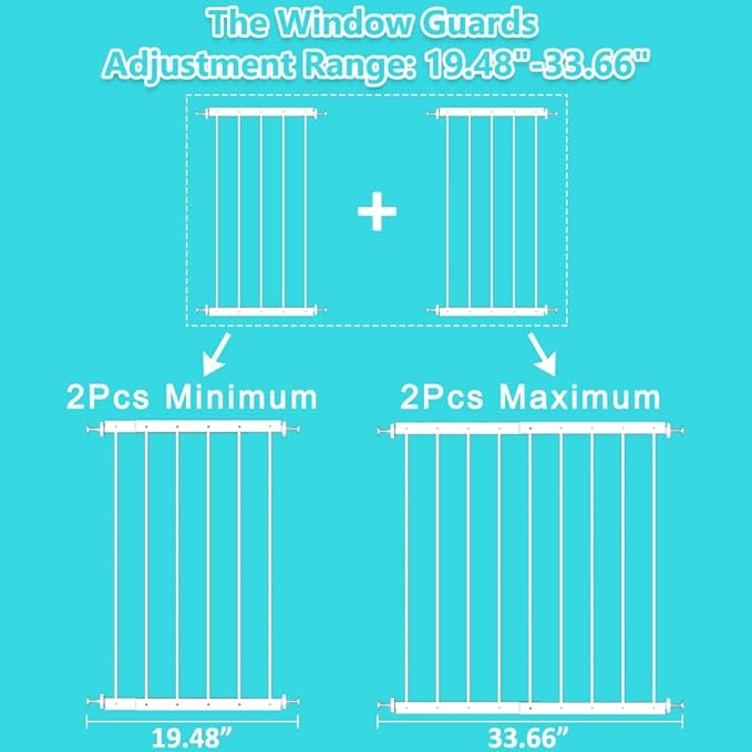 WAOWAO Window Safety Guards for Children Kids Child Toddler Pets Proof Extra Wide White Tension Security Window Guard Gate for Home Fit 2 Piece(19.49"-33.64“).