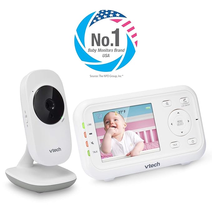 VTech Video Baby Monitor with 1000ft Long Range, Auto Night Vision, 2.8” Screen, 2-Way Audio Talk, Temperature Sensor, Power Saving Mode, Lullabies and Wall-mountable Camera with Bracket, White