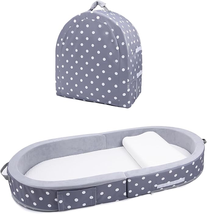 Mooedcoe Foldable Toddler Floor Bed with Sides, Folding Toddler Bed for Travel Kid Foam Sleeping Cot (Round, Dot)