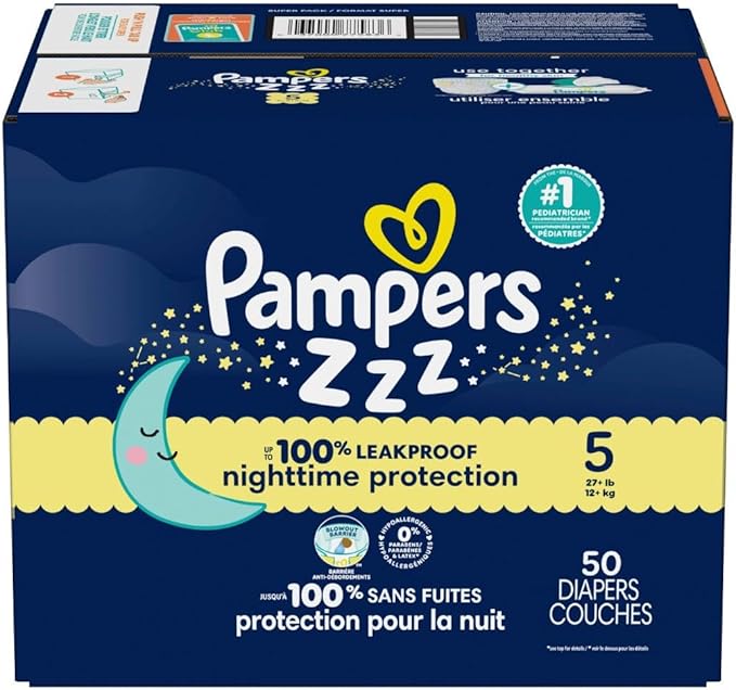 Pampers ZZZ Overnight Diapers, Size 5 (27+ lbs), 50 Count, Nighttime Protection Disposable Baby Diaper, Night Time Leak and Skin Protection