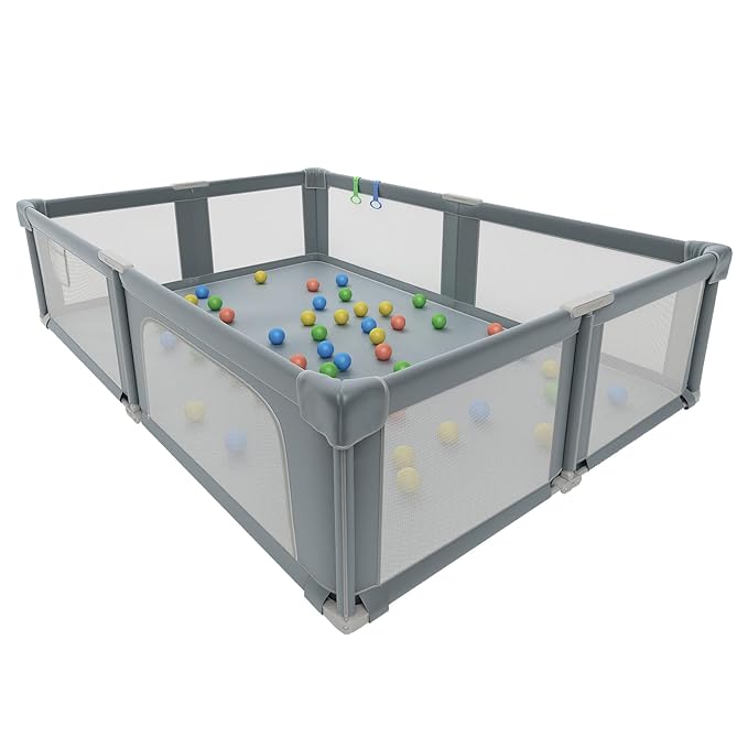 Baby Playpen with Mat for Babies and Toddlers, 73" x 61" Large Baby Play Pen Playard for Indoor & Outdoor with Soft Breathable Mesh, Ocean Balls and Pull Links, Dark Grey