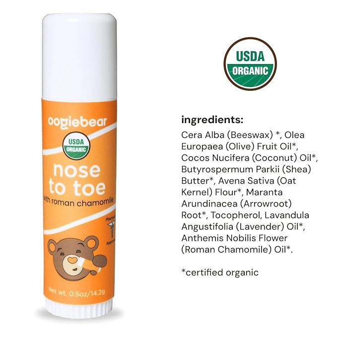 oogiebear Nose to Toe Baby Body Balm, USDA Organic Gentle Moisturizer with Olive Oil & Coconut Oil, for Babies 3 Months & Older, 0.5 Oz Balm