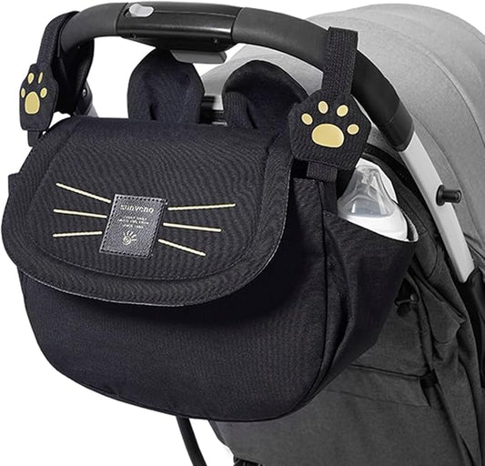 SUNVENO Kitty Stroller Organizer Bag – Universal Baby Stroller Caddy with 2 Cup Holders, Adjustable Straps, Waterproof Oxford, Lightweight Travel Accessory for Strollers, Prams & Pushchairs,Black