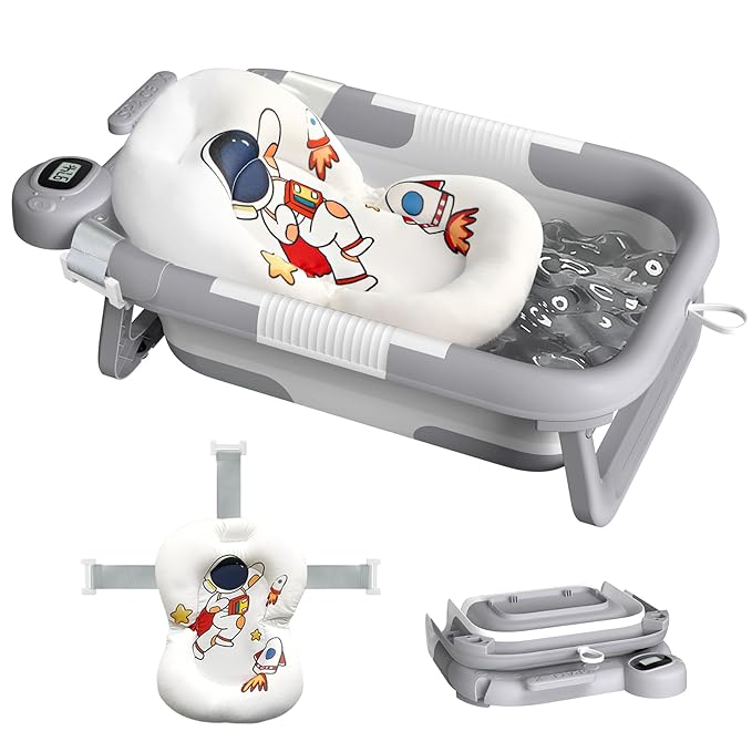 Collapsible Baby Bathtub for Newborn,Baby Tub with Soft Floating Cushion & Thermometer for Infant to Toddler,Portable Travel Bathtub with No-Slip Feet for 0-36 Months-Gray