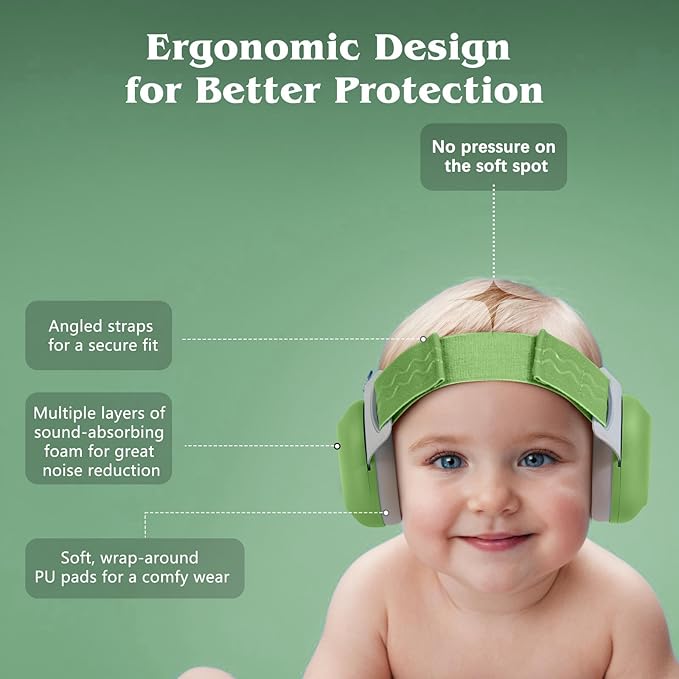 Bella's Friends Baby Ear Protection for Infants & Toddlers(3–48 Months) - Lightweight 24dB Noise Cancelling Headphones - Safe fit & Comfort Earmuffs - Improve Sleep - Baby Travel Essential, Green