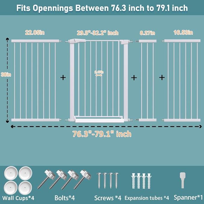 Fairy Baby 38" Extra Tall Pet Dog Gate, 76.4"-79.1" Extra Wide Long Baby Gate for Stairs, Metal Auto Close Walk Thru Safety Child Gate Indoor, Dog Gate No Climb Fence for Doorways Kid or Pet, White