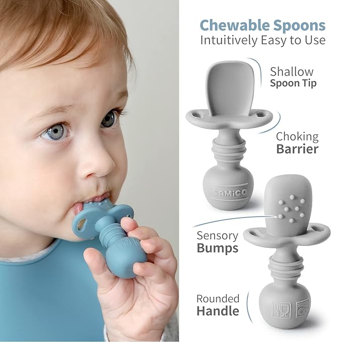 SAMiGO Silicone Baby Feeding Set, Baby Led Weaning Supplies, Suction Bowl Plate Bib Cup Self Feeding Spoons, Solid Food Eating Essentials, First Stage Utensils, 6+ Months