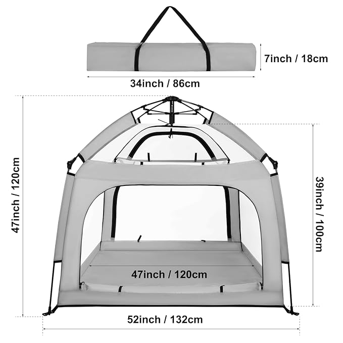 Portable Baby Playpen with Canopy, Infant Play Yard, Beach Tent, Mosquito Net for Indoor and Outdoor (Grey)