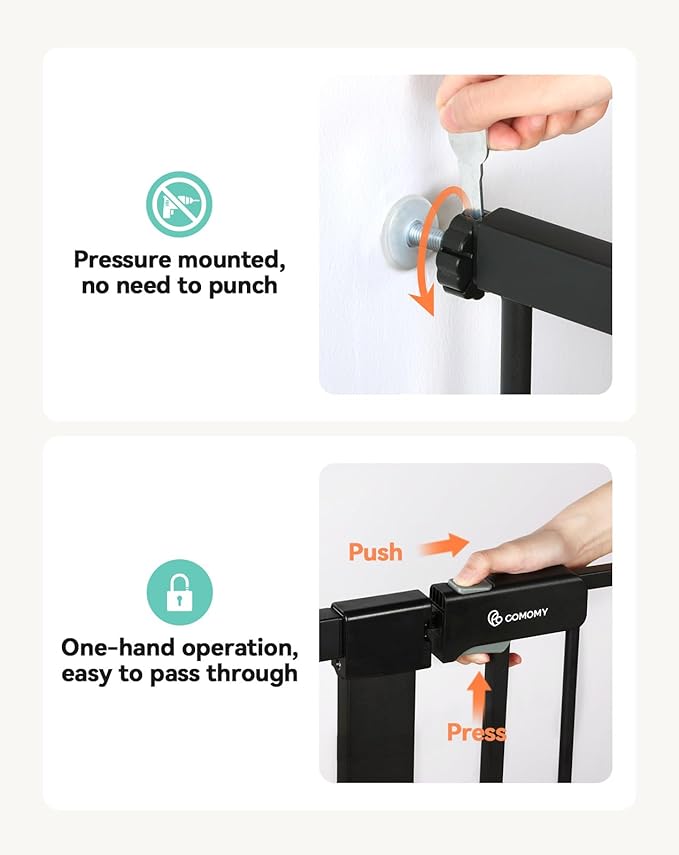 COMOMY 36" Extra Tall Baby Gate for Stairs Doorways, Fits Openings 29.5" to 46" Wide, Auto Close Extra Wide Dog Gate for House, Pressure Mounted Easy Walk Through Pet Gate with Door, Black