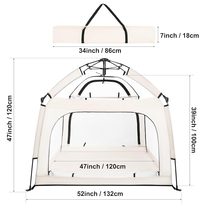 Portable Baby Playpen with Canopy, Infant Play Yard, Beach Tent, Mosquito Net for Indoor and Outdoor (Beige)