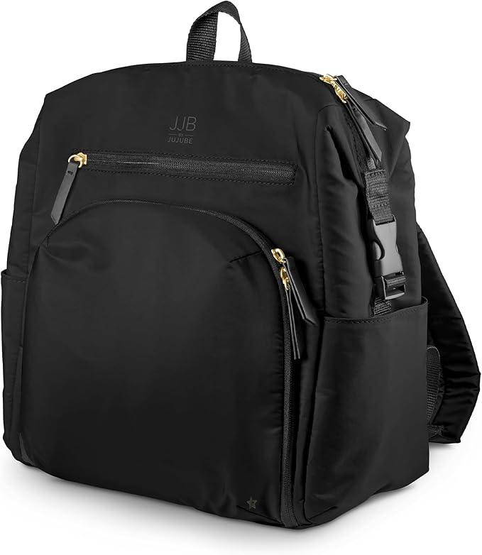 JJB by JuJuBe Modern Diaper Bag Backpack with Portable Changing Pad, Stroller Straps, Large Travel Backpack for Boy or Girl, Carrying Baby Bottles, Wipes, Diapers, Pacifiers, Black, Mother's Day Gift