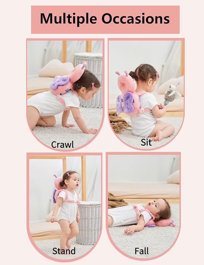 JunNeng Baby Head Protector Backpack, Toddler Walking Fall Head Protection, Pink Butterfly