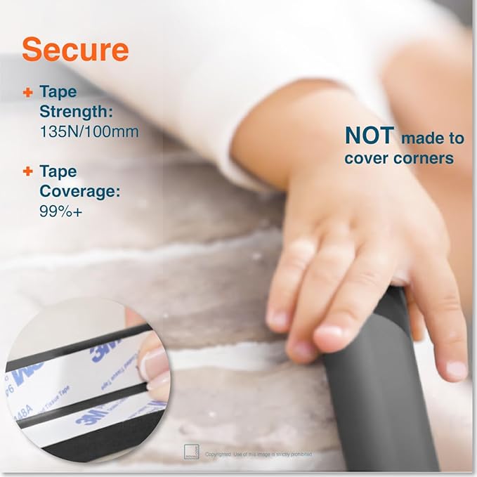Roving Cove HeftyFit Edge Protector for Baby Proofing (9ft Large Edge Only), Heavy-Duty Soft Rubber Foam Furniture Edge Bumper Guards, Desk Edge Cushion, Wall Corner Covers, 3M Adhesive, Onyx Black