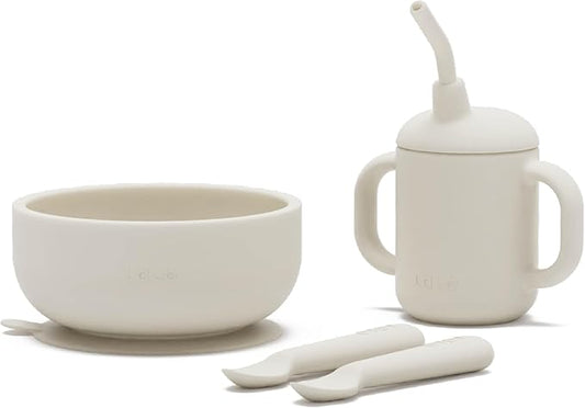 Lalo First Bites Silicone Baby Feeding Set - Baby Led Weaning Supplies - Non-Toxic Silicone - Includes 2 Spoons, Training Cup, & Suction Bowl - 4 Pieces - Oatmeal