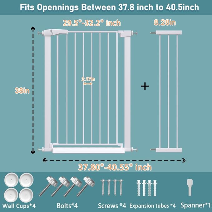 Extra Tall Baby Gate Stand 38" Tall - 37.80"-40.55" Wide Metal Walk Through Pet Gate for Doorway Stairs - No Drill Pressure Mounted Safety Gate