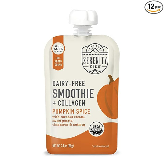 Serenity Kids Organic Pumpkin Spice Protein Smoothie Pouch - USDA Organic & Dairy Free - Toddler & Baby Food Pouches - 3.5 Oz, 12 Pack