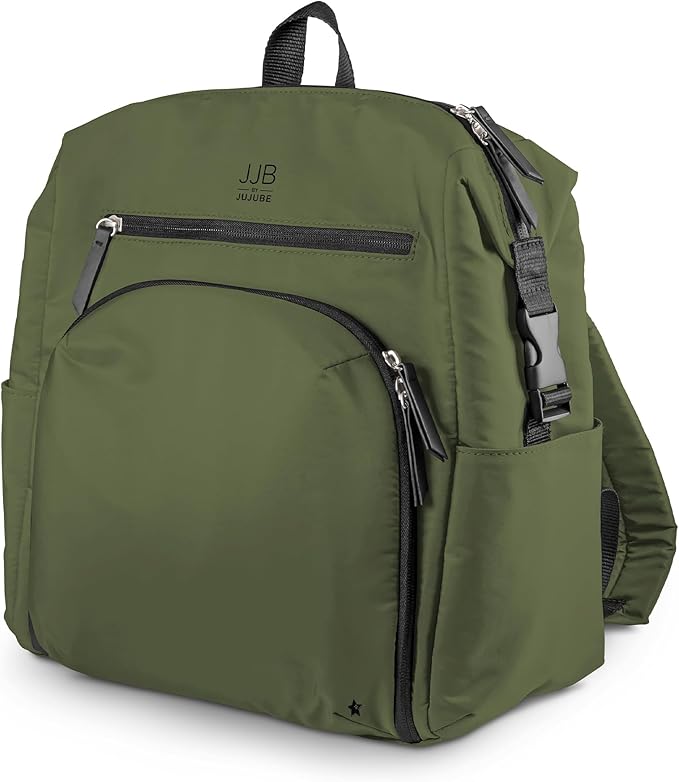 JJB by JuJuBe Modern Diaper Bag Backpack with Portable Changing Pad, Stroller Straps, Large Travel Backpack for Boy or Girl, Carrying Baby Bottles, Wipes, Diapers, Pacifiers, Olive, Mother's Day Gift