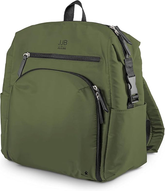 JJB by JuJuBe Modern Diaper Bag Backpack with Portable Changing Pad, Stroller Straps, Large Travel Backpack for Boy or Girl, Carrying Baby Bottles, Wipes, Diapers, Pacifiers, Olive, Mother's Day Gift