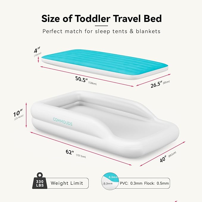 COMMOUDS Portable Toddler Travel Bed with Safety Bumpers, Inflatable Kids Air Mattress with Electric Pump, Baby Blow up Mattress, for Grandma's Home Camping Vacation