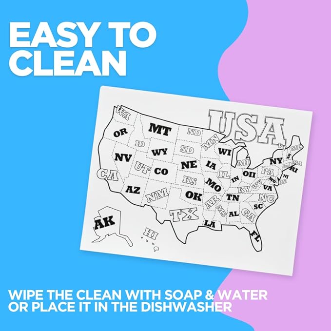 Reusable Silicone Toddler Placemat for Dining Table and Travel, a Foldable, Non-Slip Kids Learning Mat with USA Map, Easy to Clean BPA Free Feeding Essential by a Mom Founded Brand