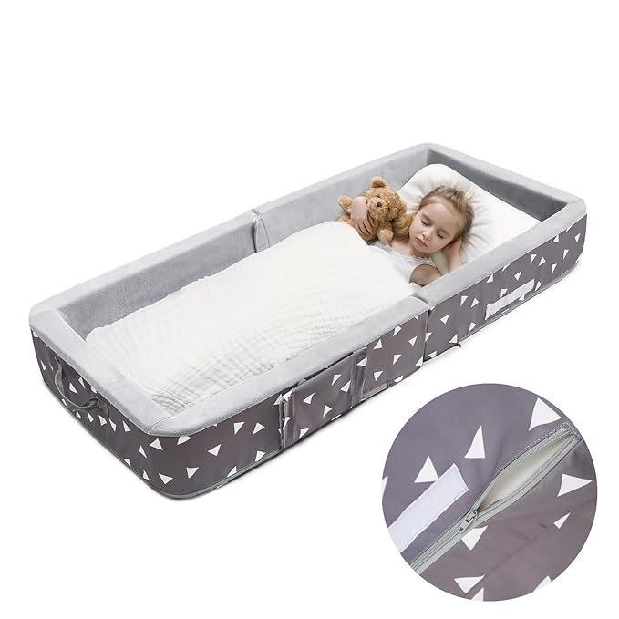 Mooedcoe Portable Foldable Toddler Travel Bed with Sides, Folding Toddler Bed for Travel Kid Foam Sleeping Cot for Children 18M – 5yr Old(Rectangular, Triangle)