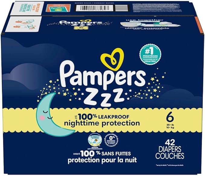 Pampers ZZZ Overnight Diapers, Size 6 (35+ lbs), 42 Count, Nighttime Protection Disposable Baby Diaper, Night Time Leak and Skin Protection