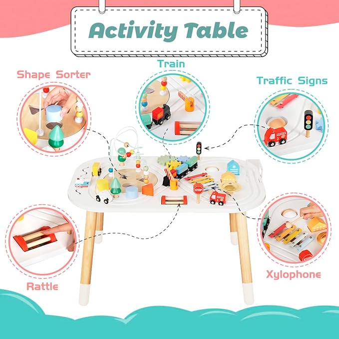 Baby Activity Cubes for Kids,Toddler Activity Cubes&Activity Center Table with Wooden Bead Mazesļ¼Mini Toy Car,Gears&Blocks|Wooden Desk Play Table as Montessori Toy for 1 Year Old Boy Girl