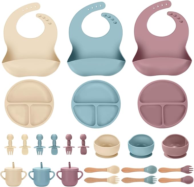 24 PCS Silicone Baby Feeding Set, Baby Led Weaning Supplies Includes Suction Bowls and Divided Plates, Adjustable Silicone Bib, Spoons&forks, Training cup with straw(Pink+Blue+Beige)