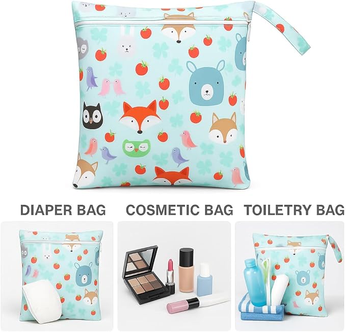 Waterproof Wet Dry Bag, Reusable Diaper Pouch with Zipper, Machine Washable Travel Organizer for Beach, Daycare, Kids, Dinosaur Pattern (Red Fox)