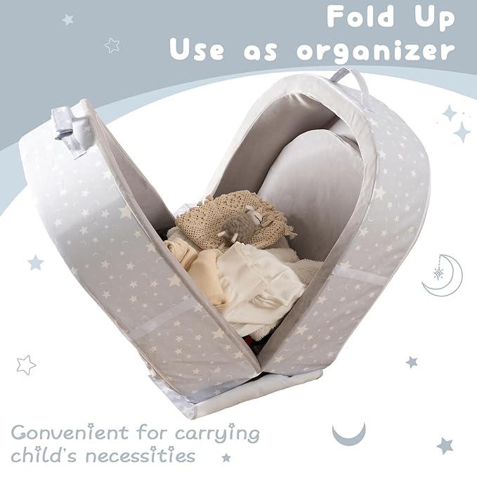 BYBYME Portable Toddler Travel Bed - Waterproof Foldable Floor Crib with Washable Fitted Sheet - Ideal Folding Toddler Cots for Sleeping and Sleepovers (Grey)