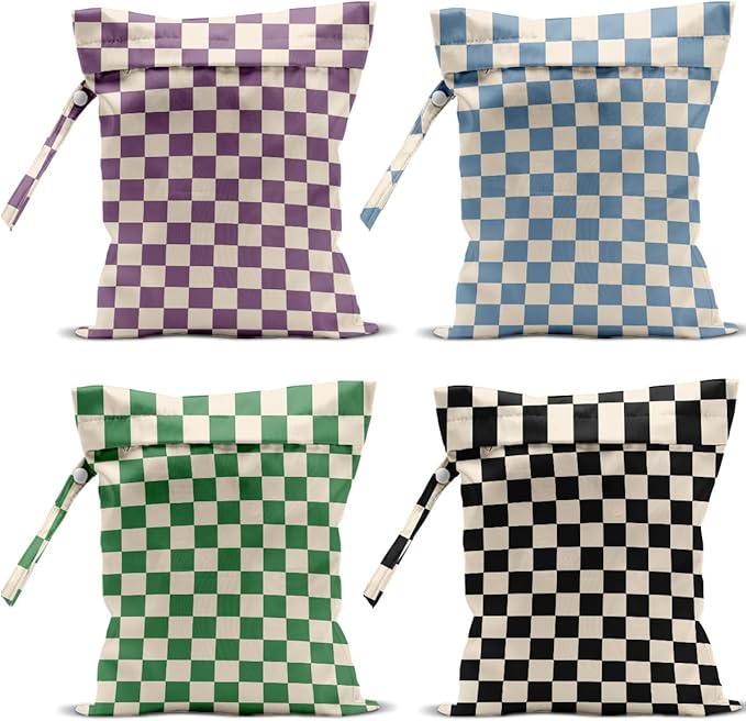 4 Pack Cute Wet Bag Waterproof Washable Reusable Wet Dry Bag for Swimsuit Dirty Clothes Diaper Travel Pool Yoga Gym Christmas Birthday Party Camping Toiletries Beach Essentials, Colorful Checkered