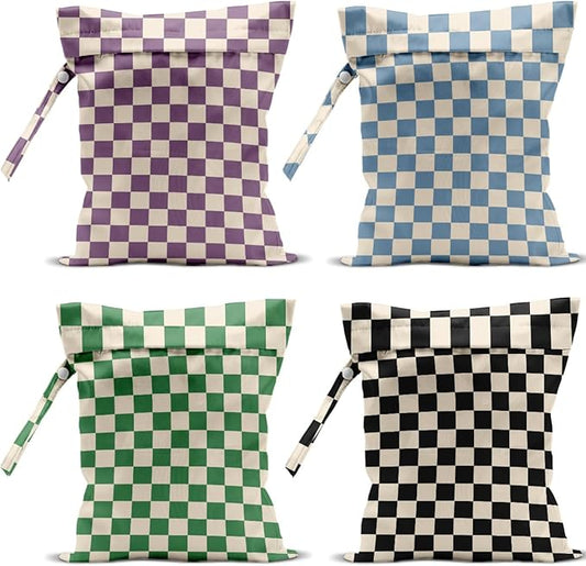 4 Pack Cute Wet Bag Waterproof Washable Reusable Wet Dry Bag for Swimsuit Dirty Clothes Diaper Travel Pool Yoga Gym Christmas Birthday Party Camping Toiletries Beach Essentials, Colorful Checkered
