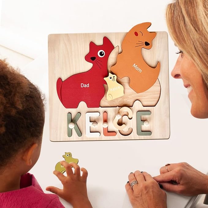 Personalized Baby Name Puzzle | Custom Wooden Baby Toy for Toddlers 1-3 | Montessori Learning Toys for Boys & Girls | Perfect Kids Gift for First Birthdays & Christmas (Cats)