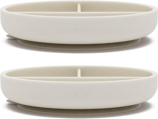 Lalo Suction Plates - 2 Pack, 100% Silicone Non-Toxic BPA-Free Baby Plates with Suction Base To Prevent Accidental Tip-Overs - Suction Plates for Toddlers With Three Divided Sections - Oatmeal