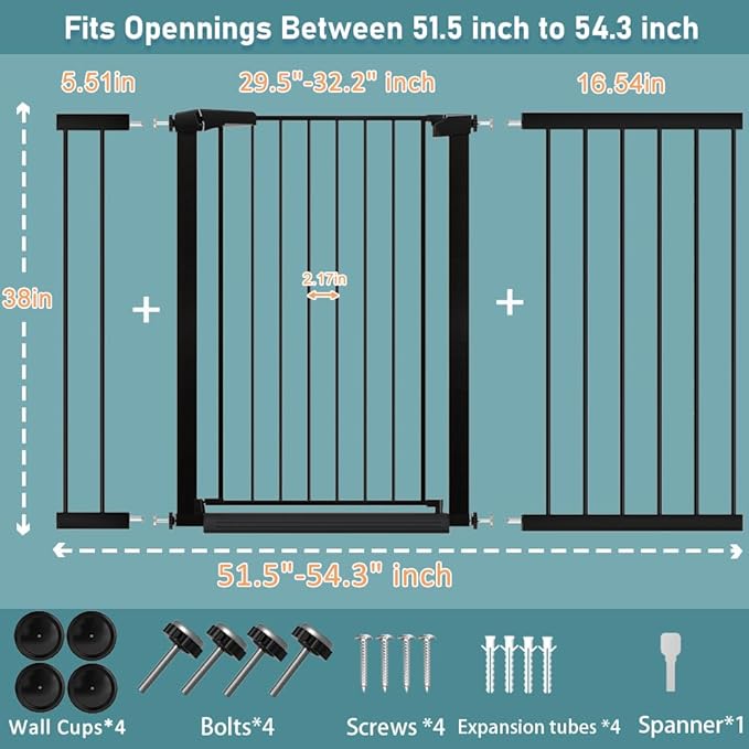 38.5" Extra Tall Pet Gate Pressure Mounted - 51.57"-54.33" Wide Walk Through Baby Gates with Door for Stairs Doorway - Puppy Doggy Dog Gates Fence Child Safety Gate