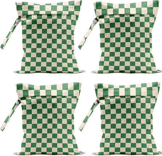 4 Pack Cute Wet Bag Waterproof Washable Reusable Wet Dry Bag for Swimsuit Clothes Cloth Diaper Travel Beach Pool Yoga Gym Christmas Party Camping Toiletries Travel Beach Essentials, Green Checkered