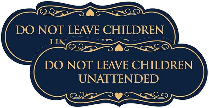 Signs ByLITA Designer Do Not Leave Children Unattended Sign(Navy Blue/Gold) - Large 2 Pack