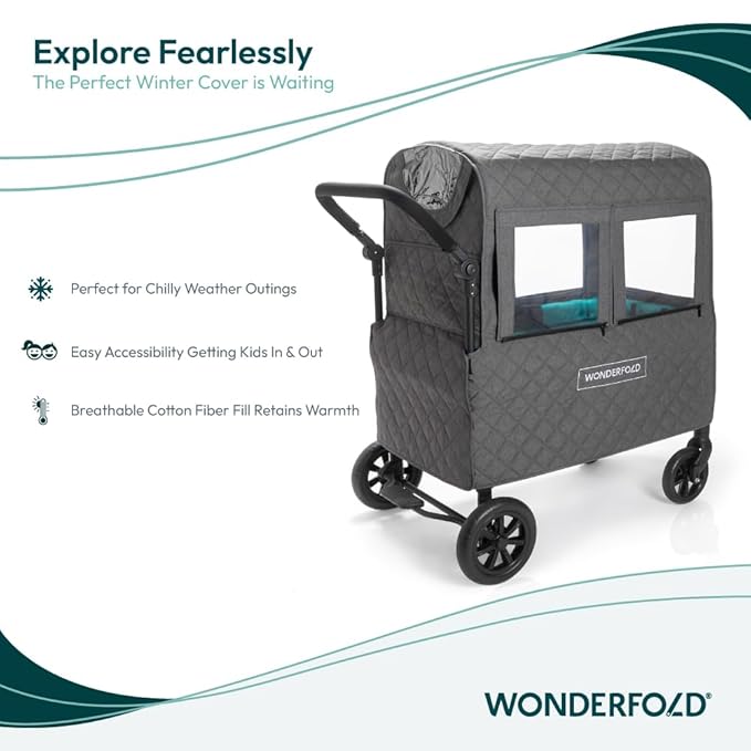 WONDERFOLD Cold Weather Shield Stroller Cover for Winter Made of Premium Breathable Cationic Fabric Filled with Cotton for Warmth, Hook-and-Loop Window Openings (Fits Only W1 OG)