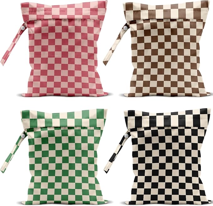 4 Pack Cute Wet Bag Waterproof Washable Reusable Wet Dry Bag for Swimsuit Dirty Clothes Diaper Travel Pool Yoga Gym Birthday Party Camping Toiletries Beach Essentials, Colorful Checkered