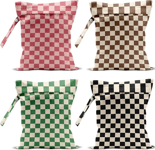 4 Pack Cute Wet Bag Waterproof Washable Reusable Wet Dry Bag for Swimsuit Dirty Clothes Diaper Travel Pool Yoga Gym Birthday Party Camping Toiletries Beach Essentials, Colorful Checkered