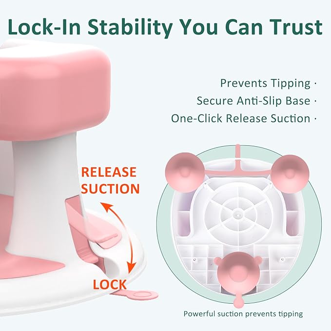 Baby Bath Seat for Babies 6 Months & Up, 360°Protection Bath Seats for Babies Sitting Up, Lockable Armrests, Non-Slip Comfortable Toddler Bath Seat with Soft Cushion