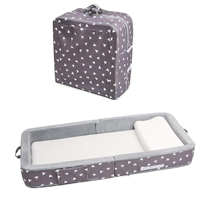 Mooedcoe Portable Foldable Toddler Travel Bed with Sides, Folding Toddler Bed for Travel Kid Foam Sleeping Cot for Children 18M – 5yr Old(Rectangular, Triangle)